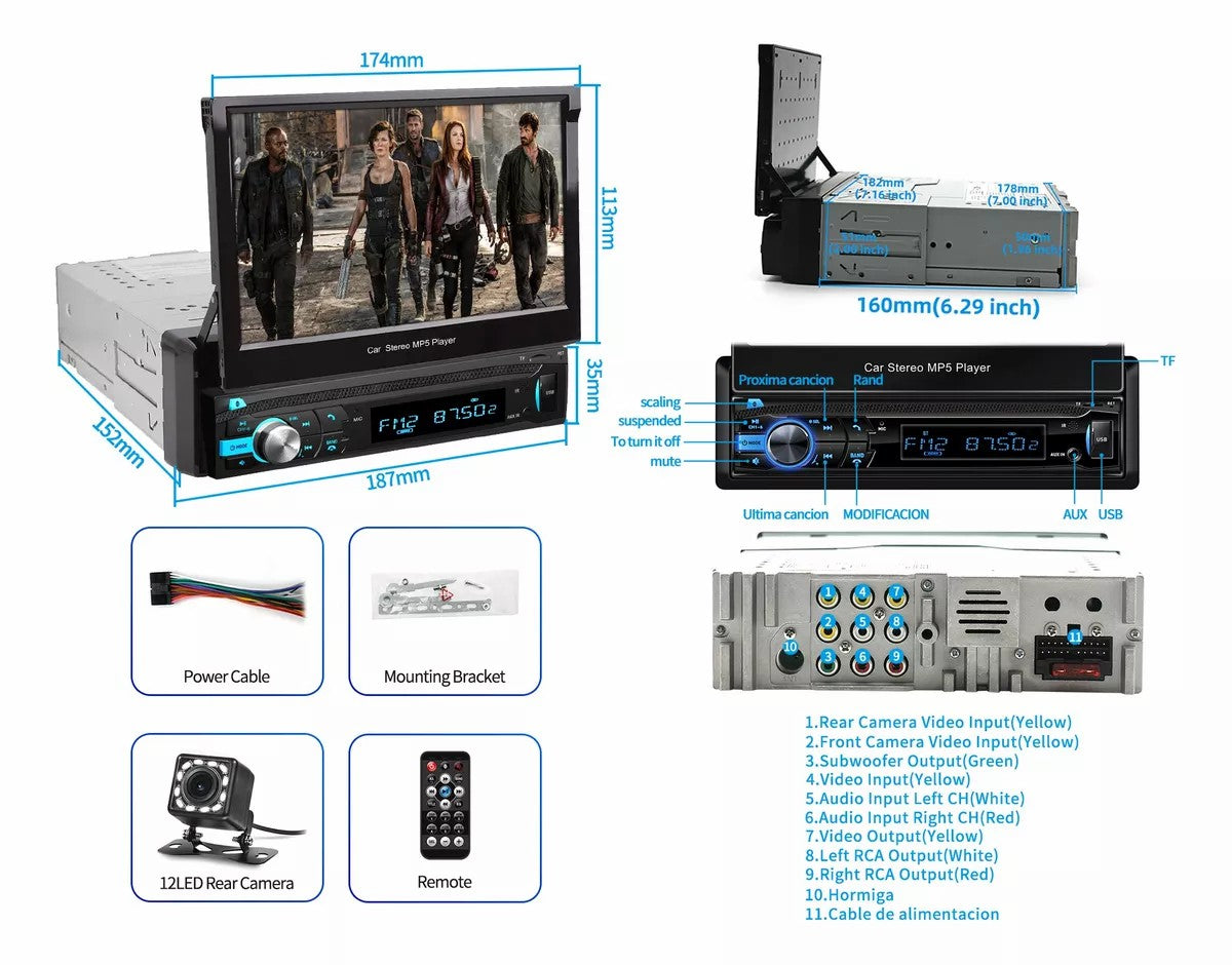 Autoestéreo Carsapro Pantalla Retráctil Táctil Cámara Mirror Link Bluetooth Transmisor FM Autoestéreo Pantllas Para Carro Autos Estereo de Pantalla 9607-MP5 Camera Color Negro