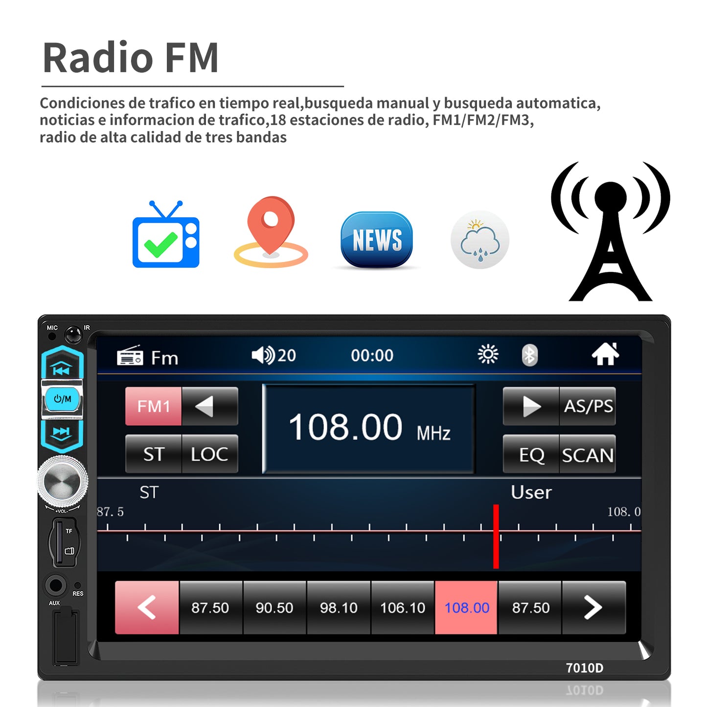 Carsapro 2-Din Car Stereo with CarPlay Mirrorlink 7-Inch Touch Screen Bluetooth FM USB Aux